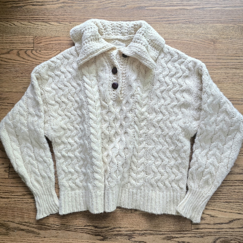 ANTHROPOLOGIE Fisherman Sweater Cotton Wool Blend Large Made In Italy Cable Knit